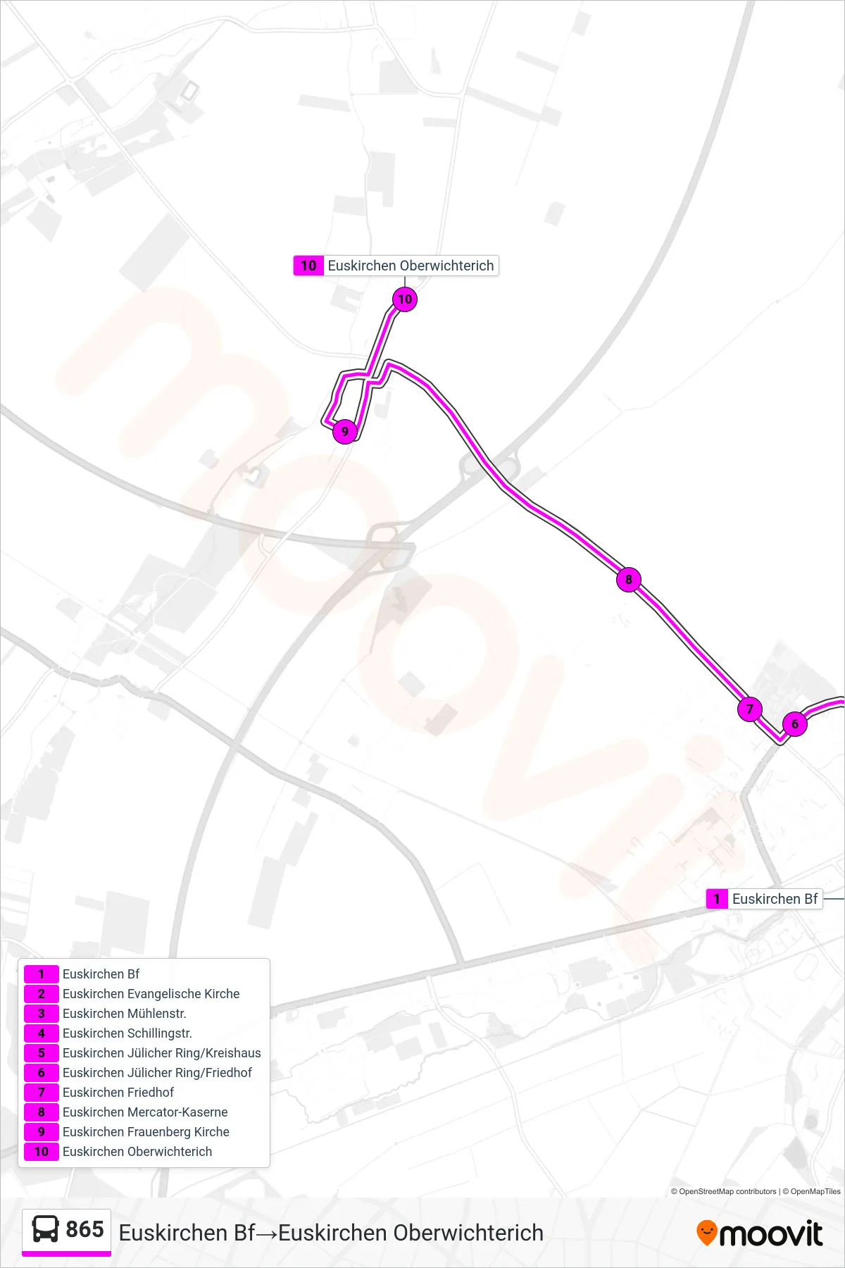 Linie 865 (Bus) Richtung Euskirchen Bf‎→Euskirchen Oberwichterich: Route und Haltestellen auf der Karte