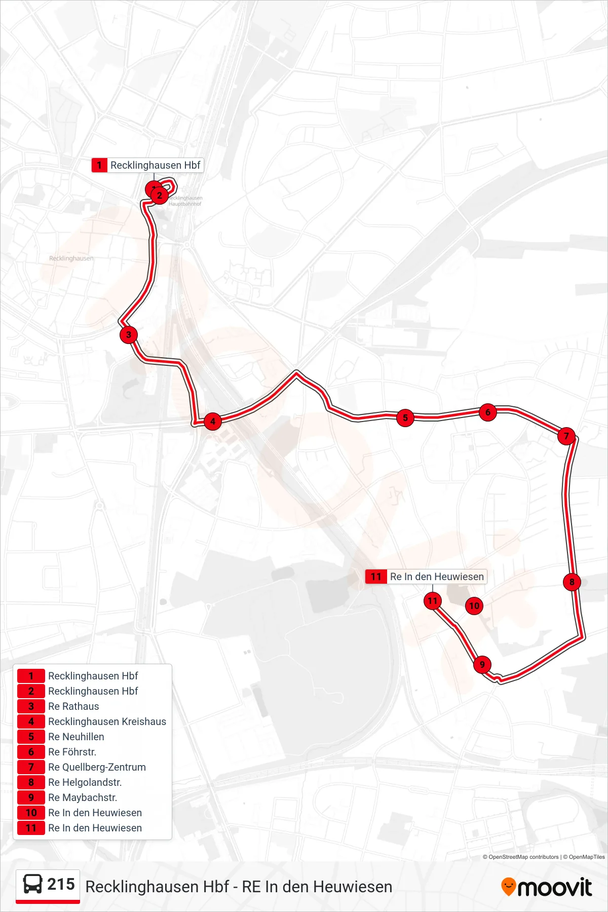 Linie 215 (Bus) Richtung Re In den Heuwiesen: Route und Haltestellen auf der Karte