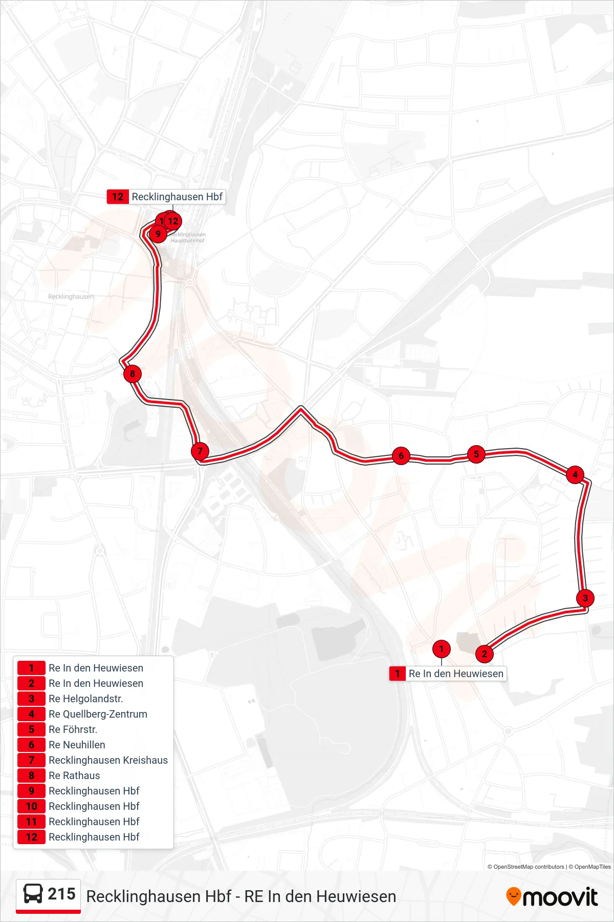 Linie 215 (Bus) Richtung Recklinghausen Hbf: Route und Haltestellen auf der Karte