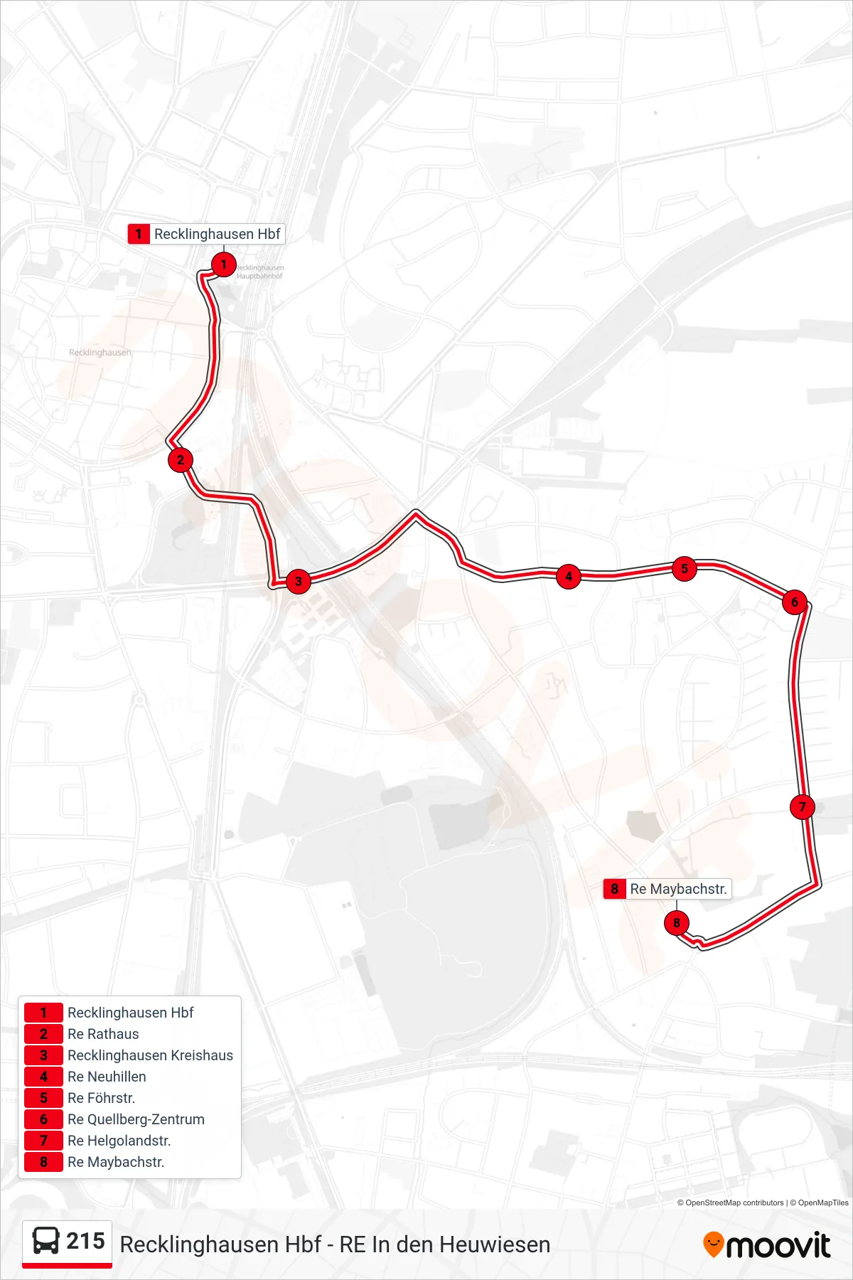 215 bus Line (Re Maybachstr.) route and stops on a map