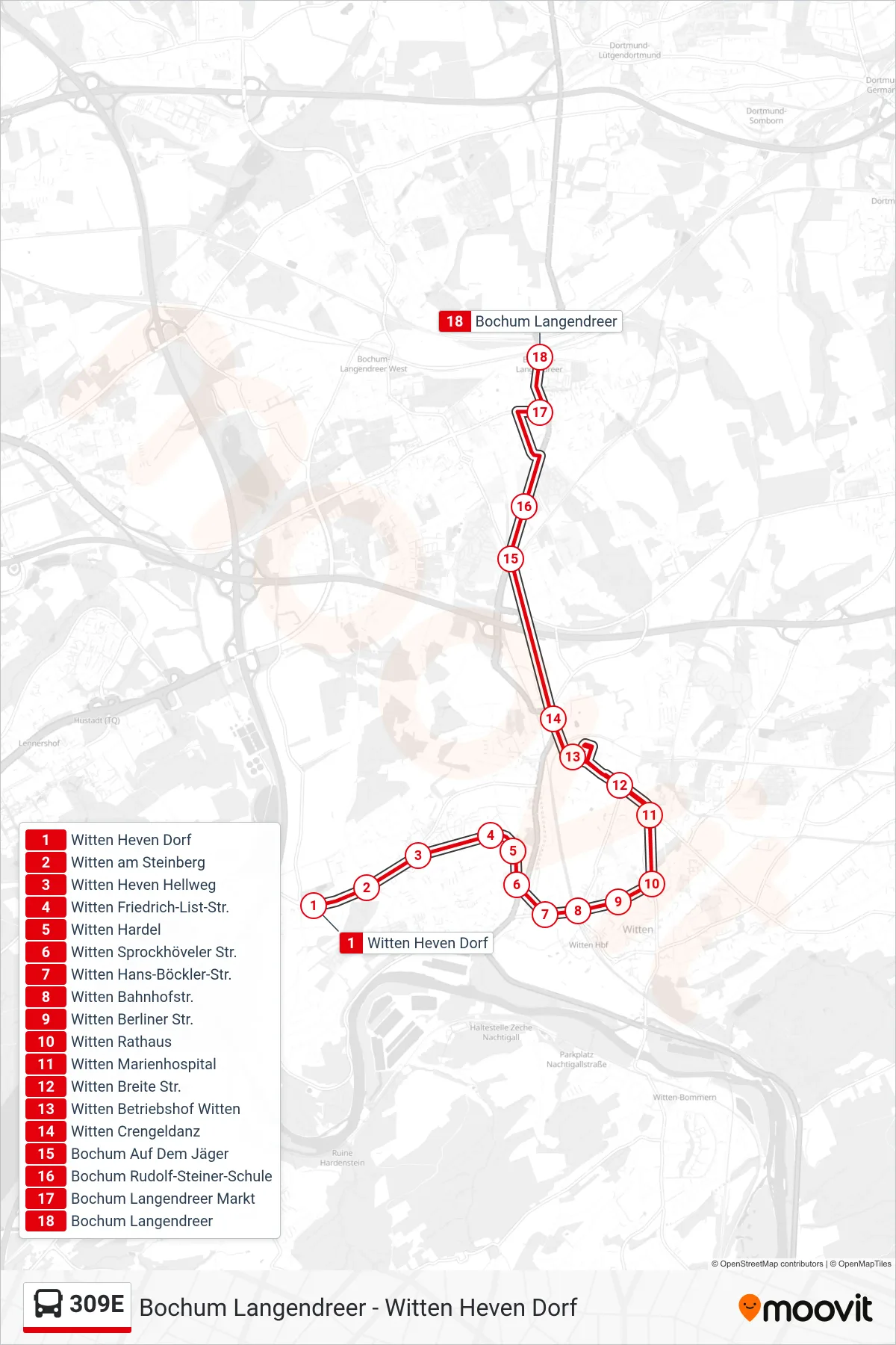 Linie 309E (Bus) Richtung Bochum Langendreer: Route und Haltestellen auf der Karte
