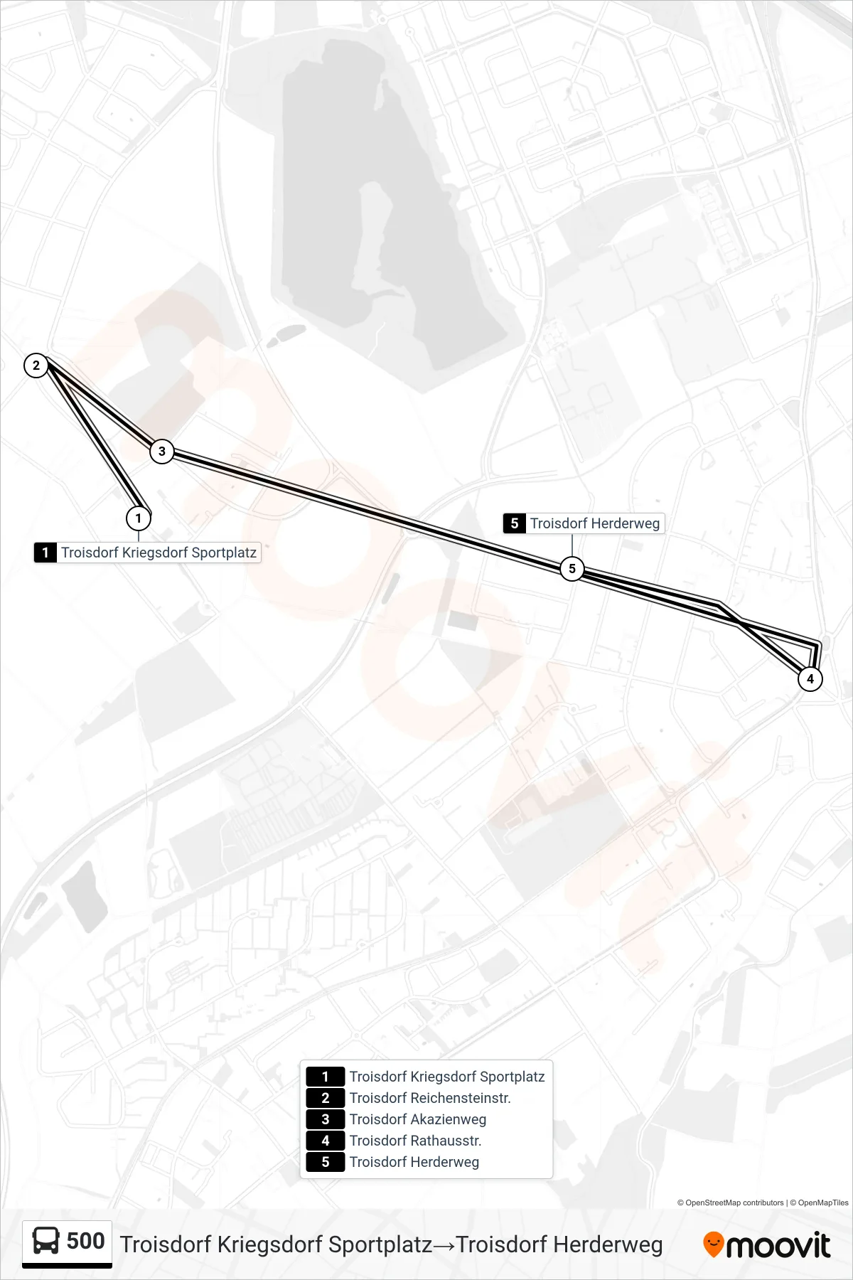 Linie 500 (Bus) Richtung Troisdorf Kriegsdorf Sportplatz→Troisdorf Herderweg: Route und Haltestellen auf der Karte
