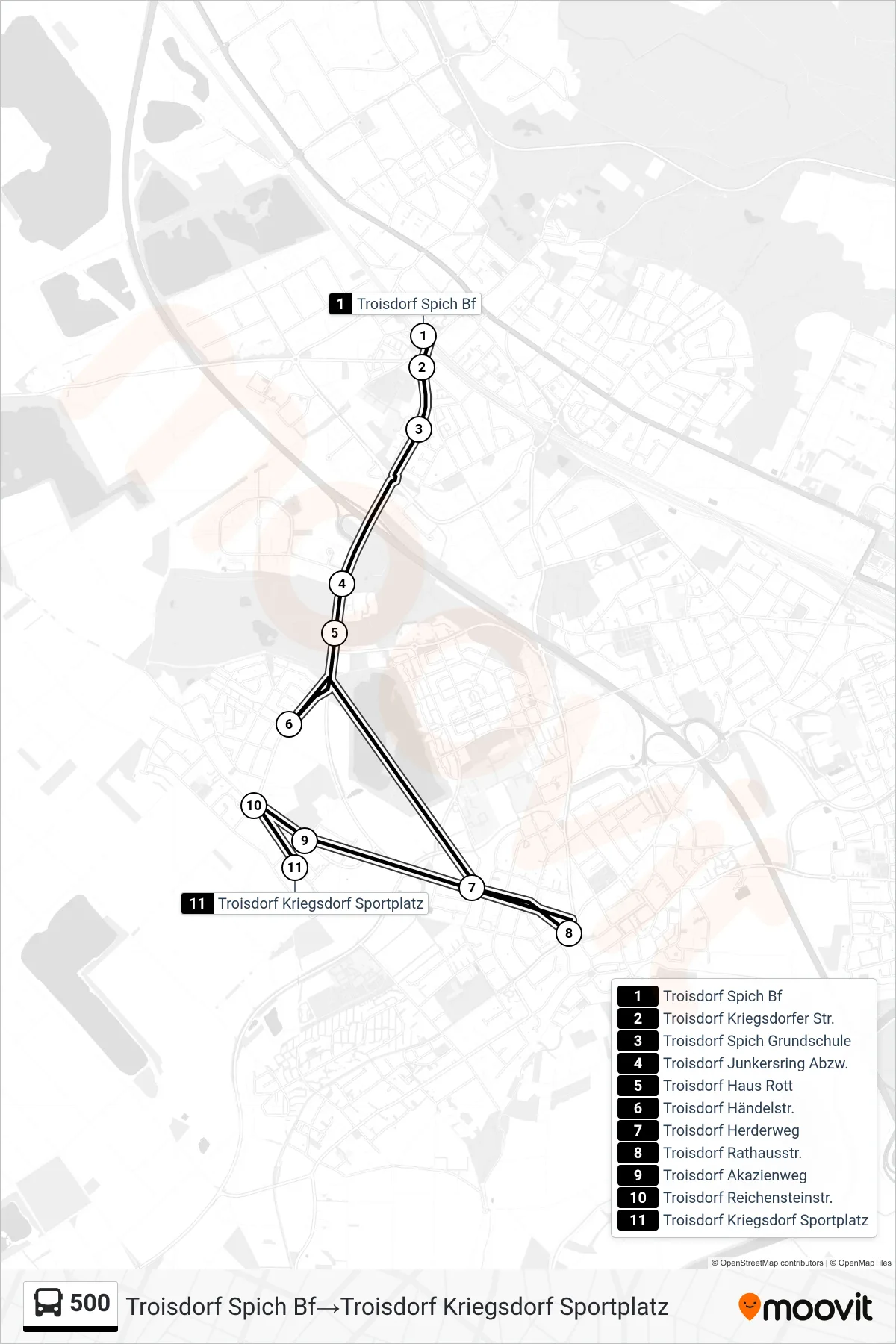 500 bus Line (Troisdorf Spich Bf‎→Troisdorf Kriegsdorf Sportplatz) route and stops on a map