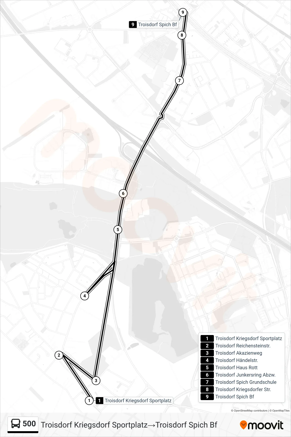 Linie 500 (Bus) Richtung Troisdorf Kriegsdorf Sportplatz→Troisdorf Spich Bf: Route und Haltestellen auf der Karte