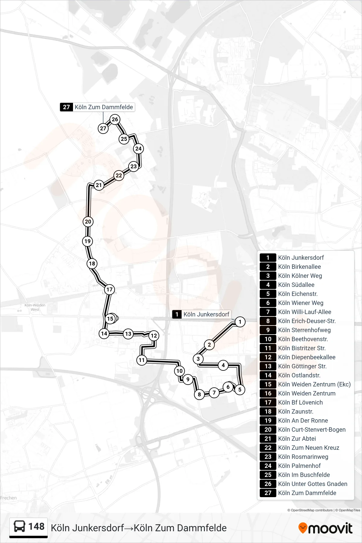 Linie 148 (Bus) Richtung Köln Junkersdorf‎→Köln Zum Dammfelde: Route und Haltestellen auf der Karte