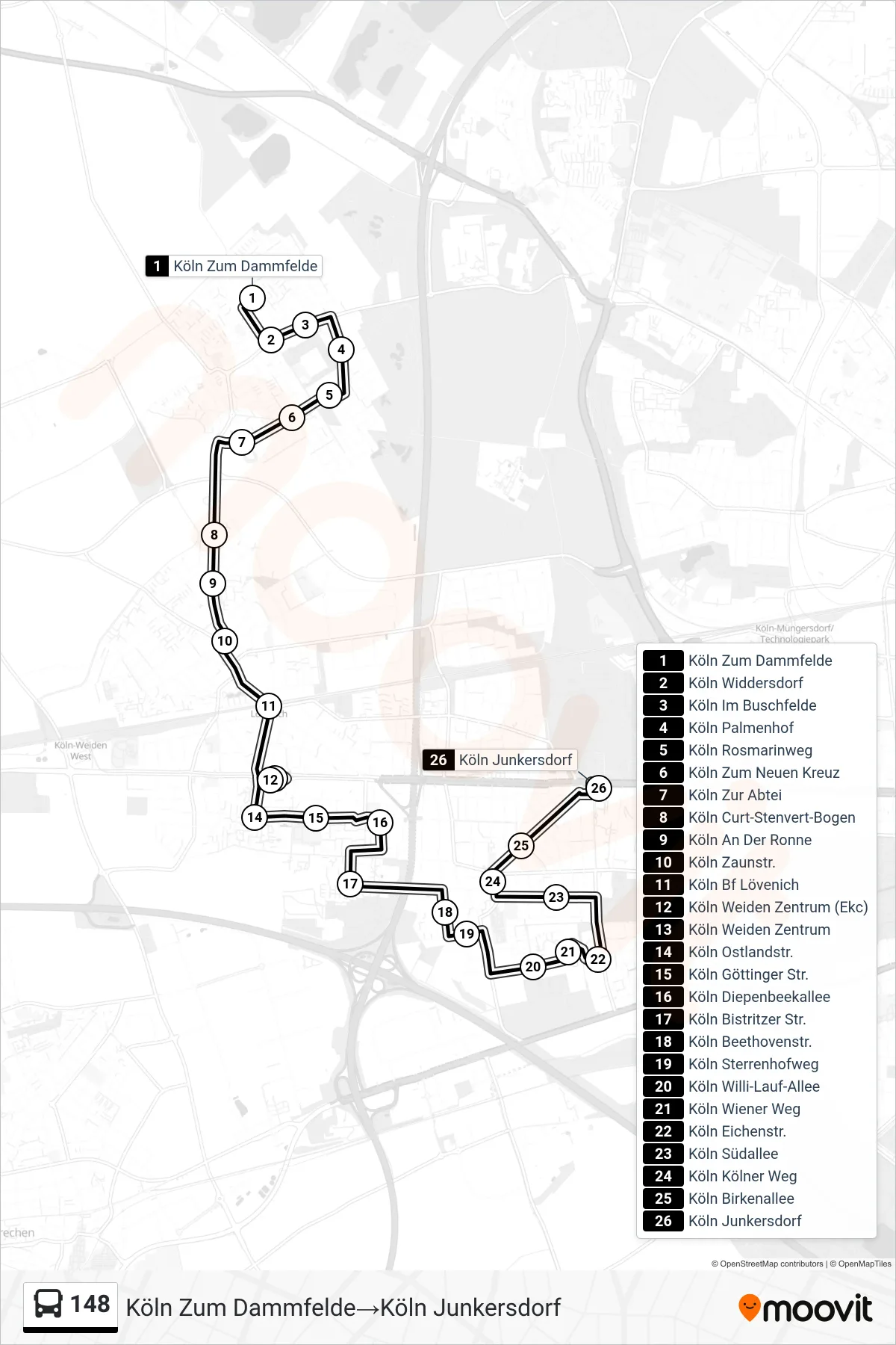 148 bus Line (Köln Zum Dammfelde→Köln Junkersdorf) route and stops on a map