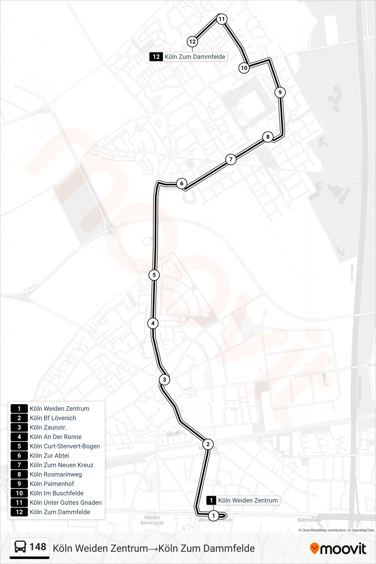 Linie 148 (Bus) Richtung Köln Weiden Zentrum→Köln Zum Dammfelde: Route und Haltestellen auf der Karte