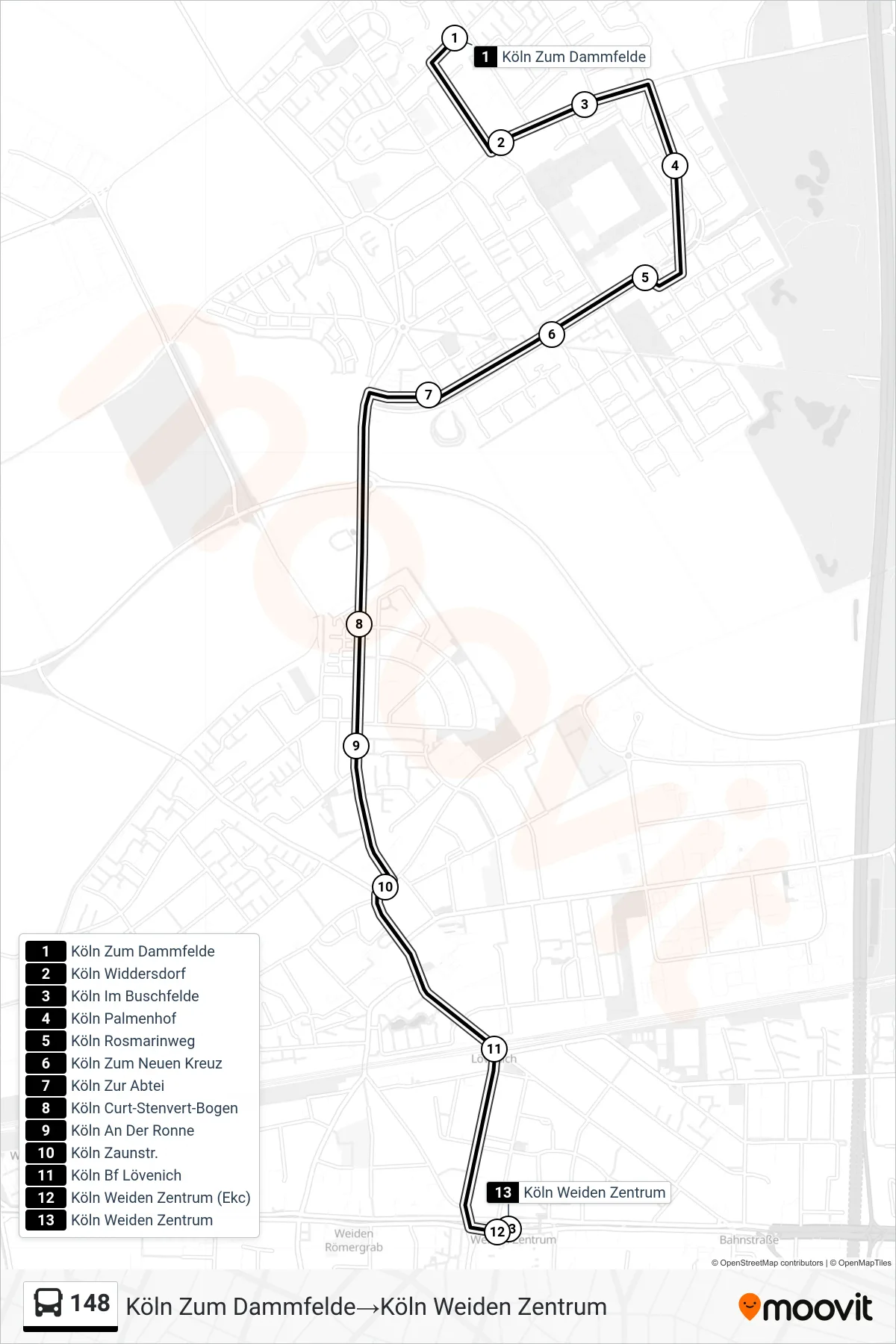 148 bus Line (Köln Zum Dammfelde→Köln Weiden Zentrum) route and stops on a map