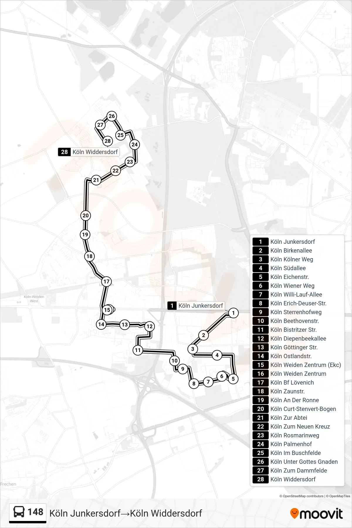 Linie 148 (Bus) Richtung Köln Junkersdorf‎→Köln Widdersdorf: Route und Haltestellen auf der Karte