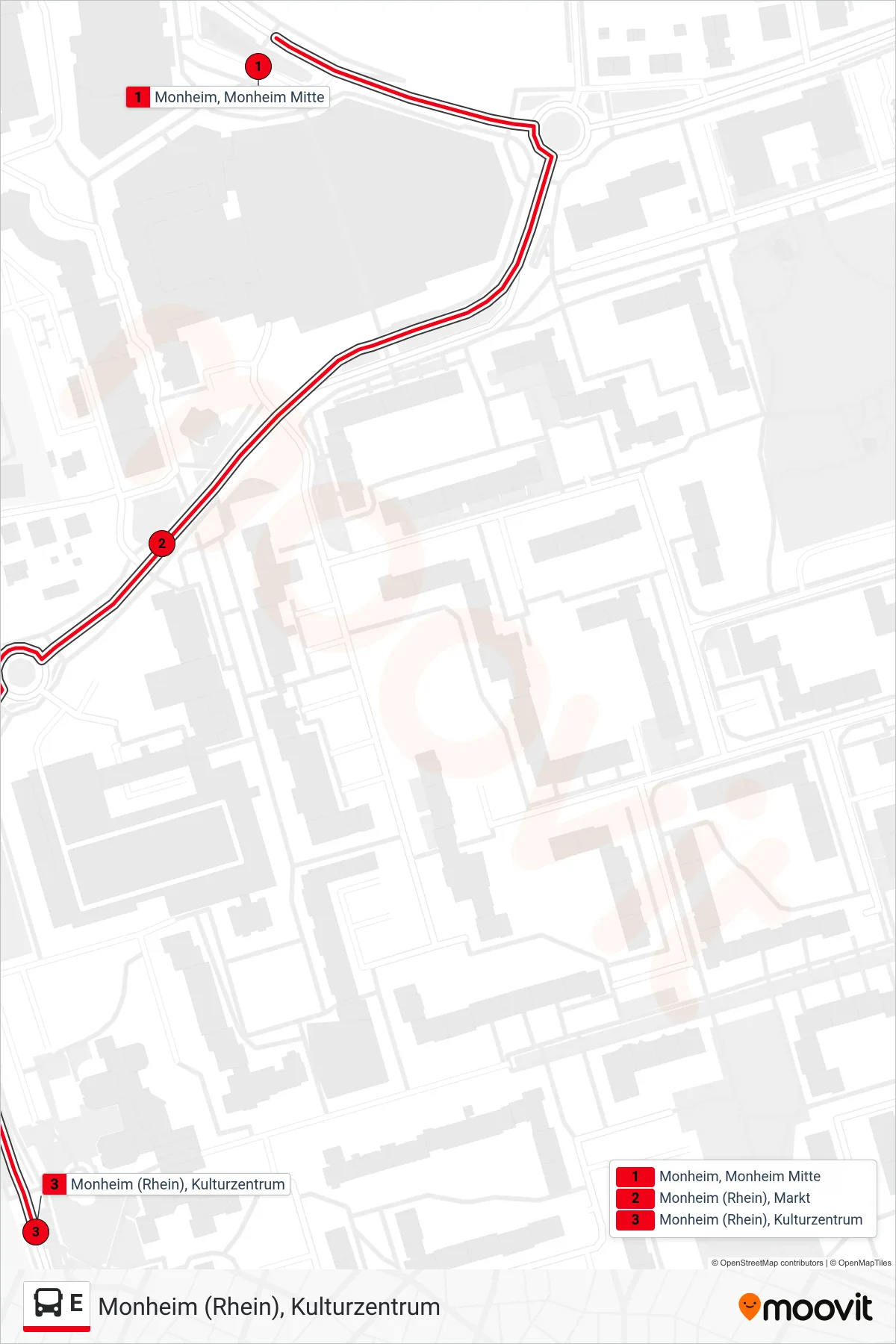 Linie E (Bus) Richtung Monheim (Rhein), Kulturzentrum: Route und Haltestellen auf der Karte