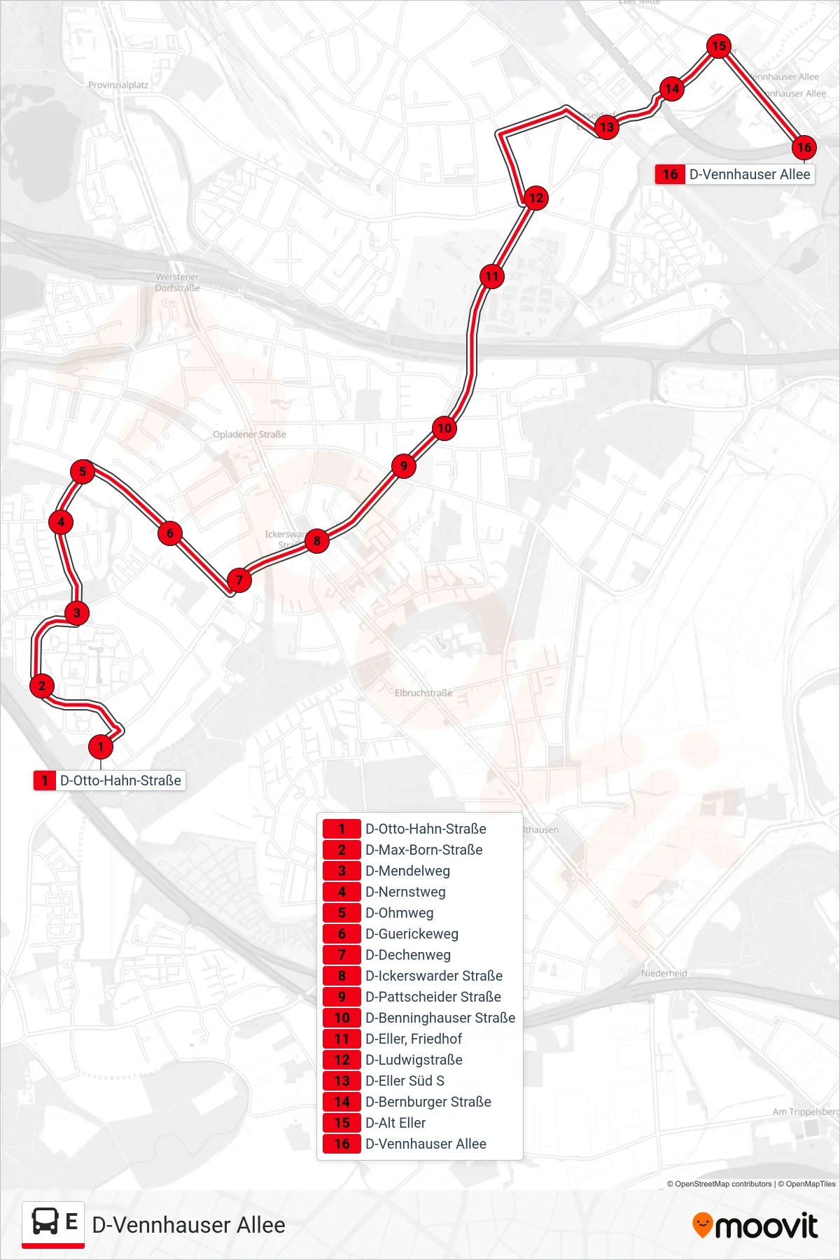 Linie E (Bus) Richtung D-Vennhauser Allee: Route und Haltestellen auf der Karte