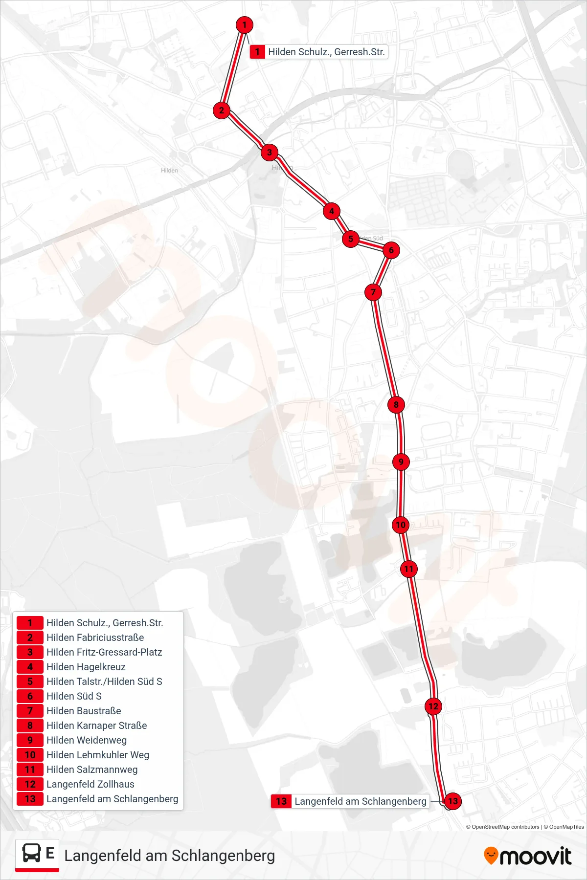 Linie E (Bus) Richtung Langenfeld am Schlangenberg: Route und Haltestellen auf der Karte