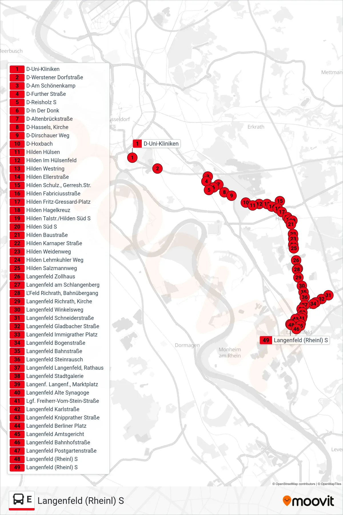 Linie E (Bus) Richtung Langenfeld (Rheinl) S: Route und Haltestellen auf der Karte