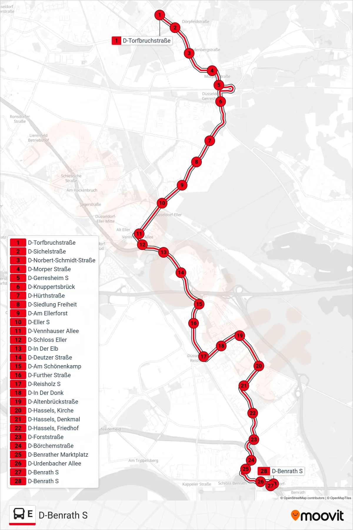 Linie E (Bus) Richtung D-Benrath S: Route und Haltestellen auf der Karte