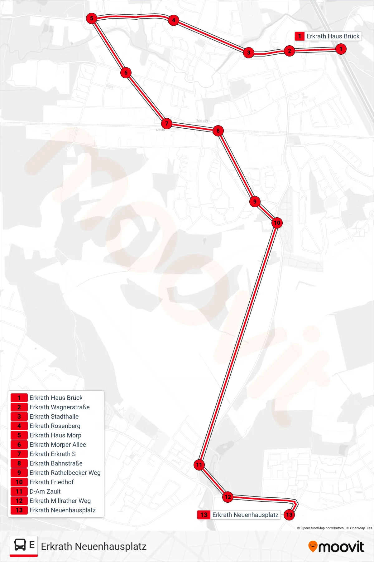 Linie E (Bus) Richtung Erkrath Neuenhausplatz: Route und Haltestellen auf der Karte