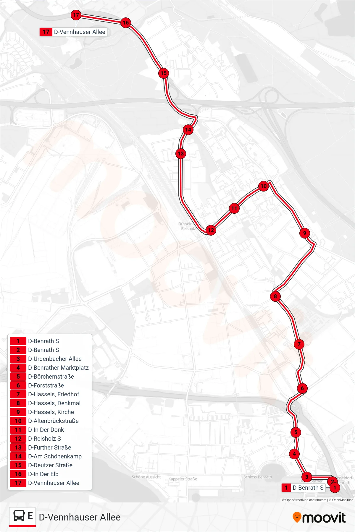Linie E (Bus) Richtung D-Vennhauser Allee: Route und Haltestellen auf der Karte