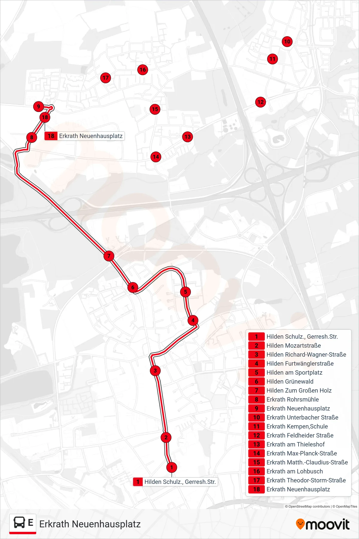 Linie E (Bus) Richtung Erkrath Neuenhausplatz: Route und Haltestellen auf der Karte