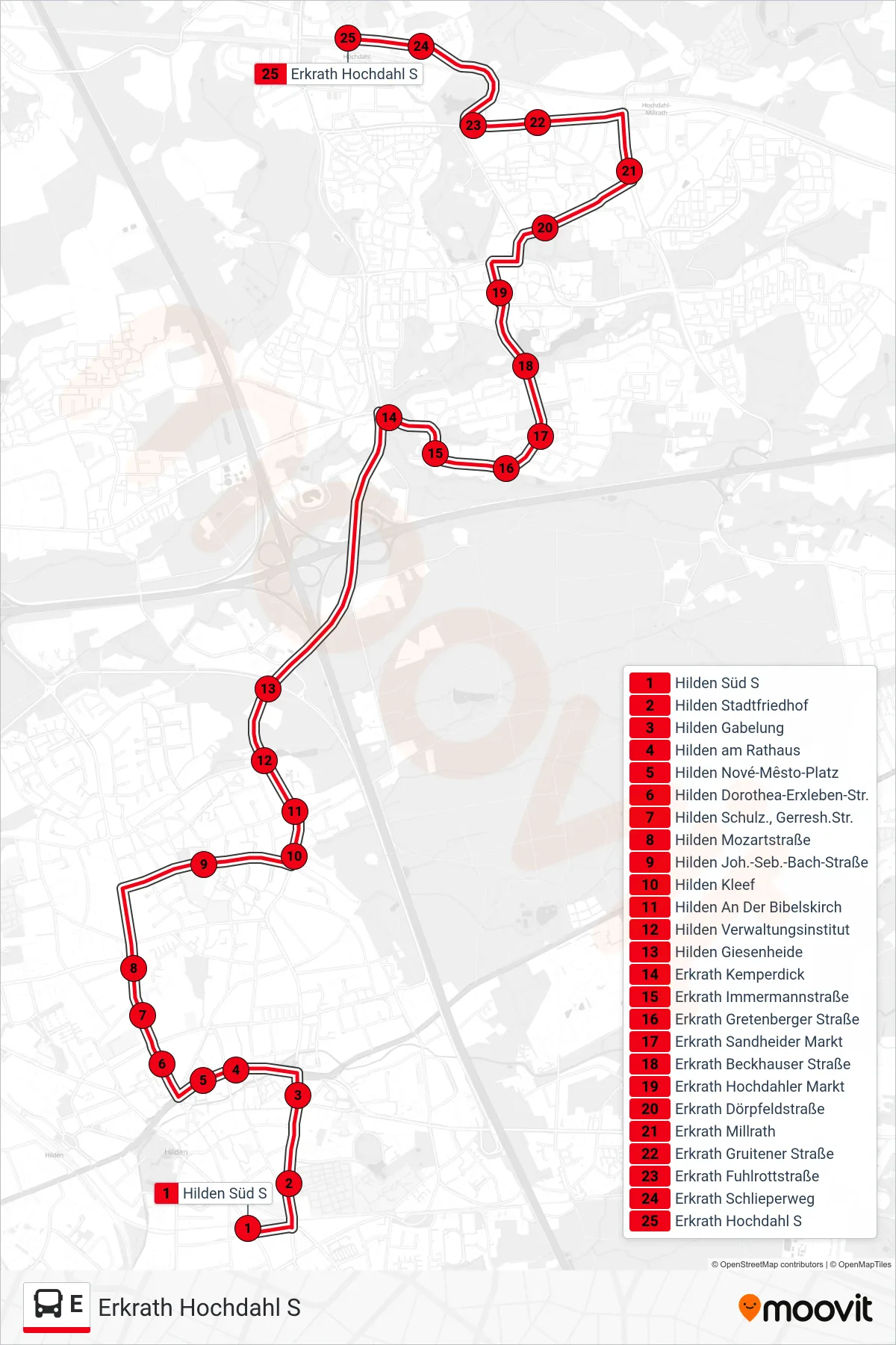 Linie E (Bus) Richtung Erkrath Hochdahl S: Route und Haltestellen auf der Karte