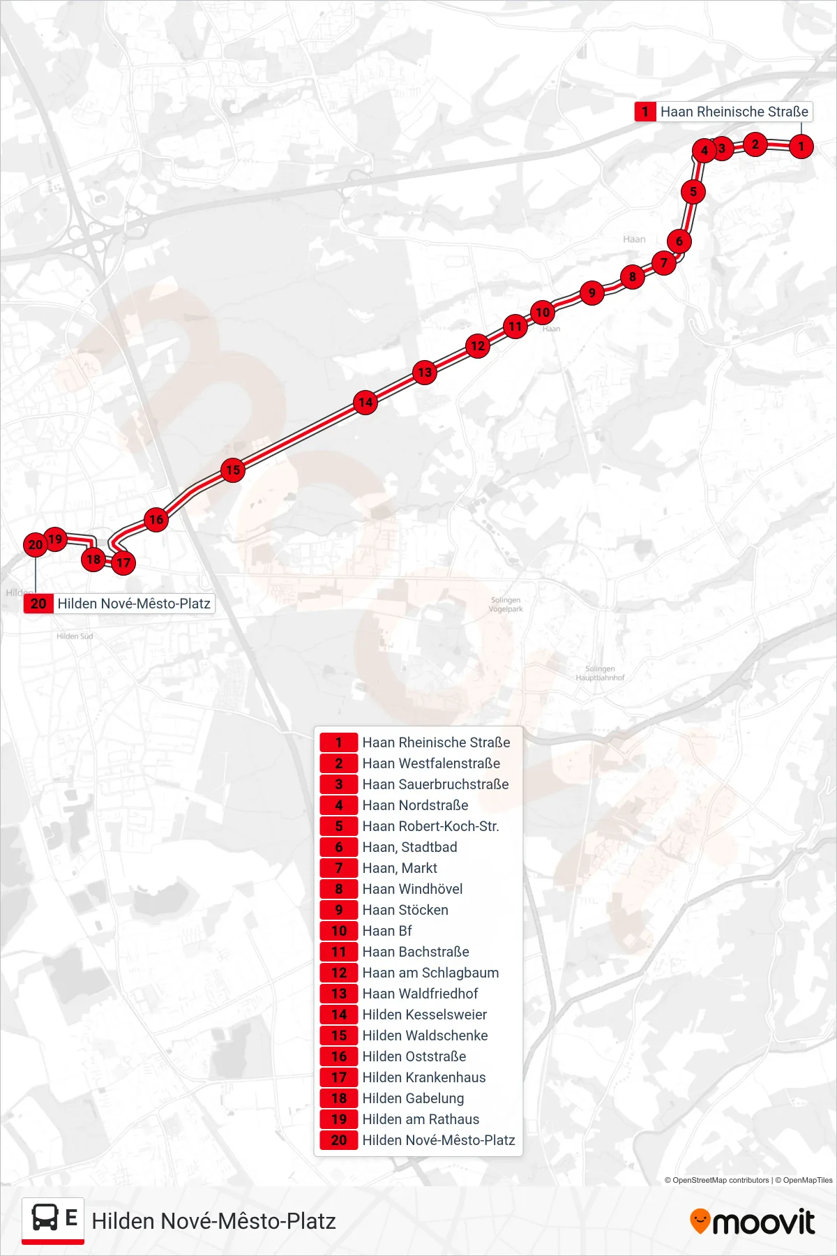 Linie E (Bus) Richtung Hilden Nové-Mêsto-Platz: Route und Haltestellen auf der Karte