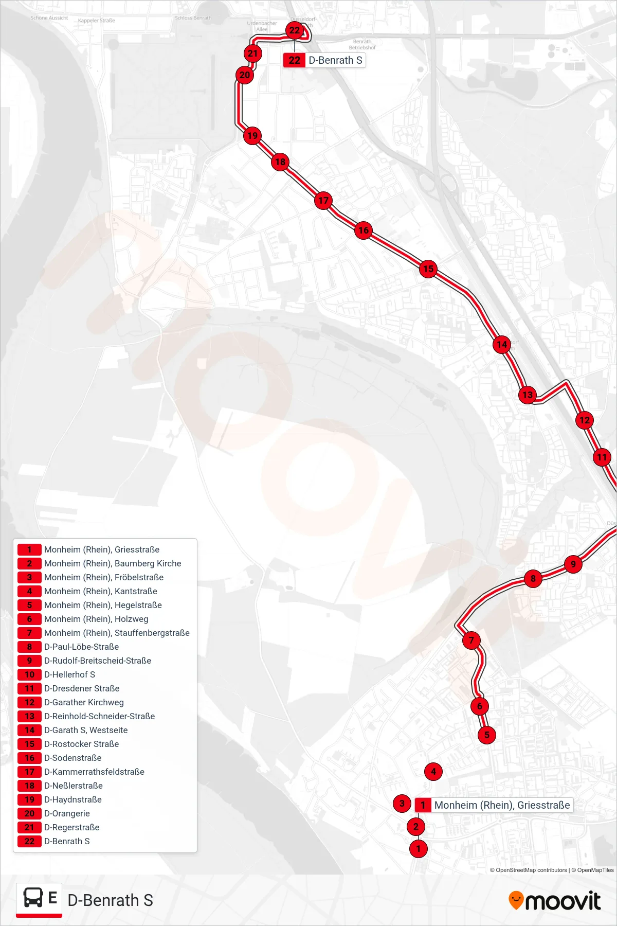 Linie E (Bus) Richtung D-Benrath S: Route und Haltestellen auf der Karte