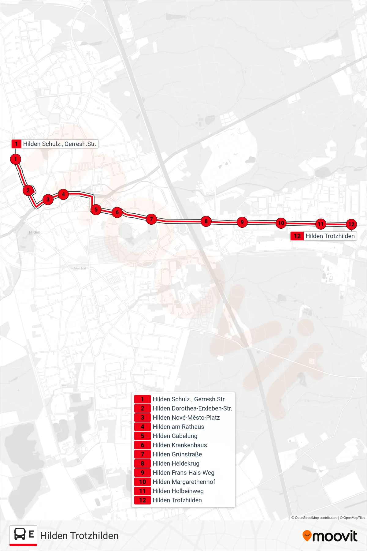 Linie E (Bus) Richtung Hilden Trotzhilden: Route und Haltestellen auf der Karte