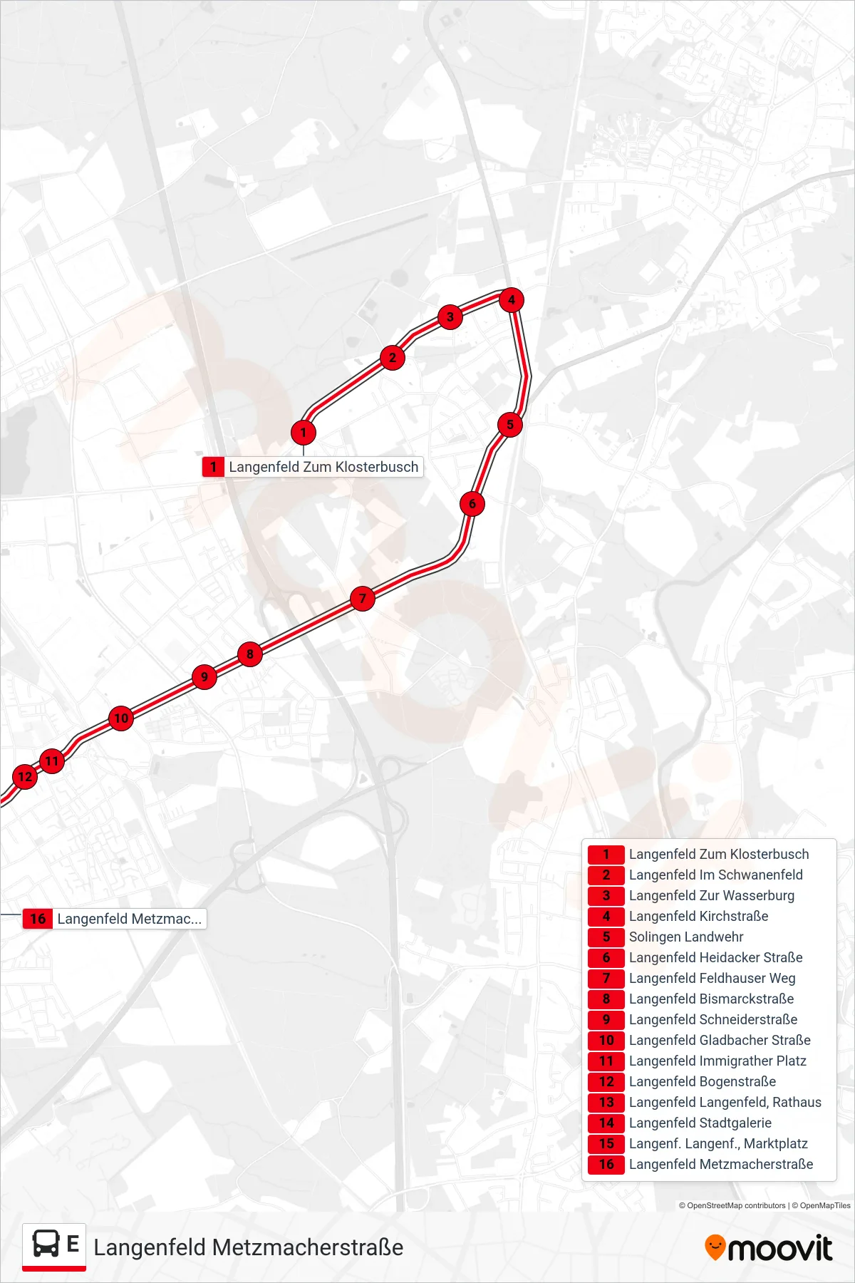 Linie E (Bus) Richtung Langenfeld Metzmacherstraße: Route und Haltestellen auf der Karte