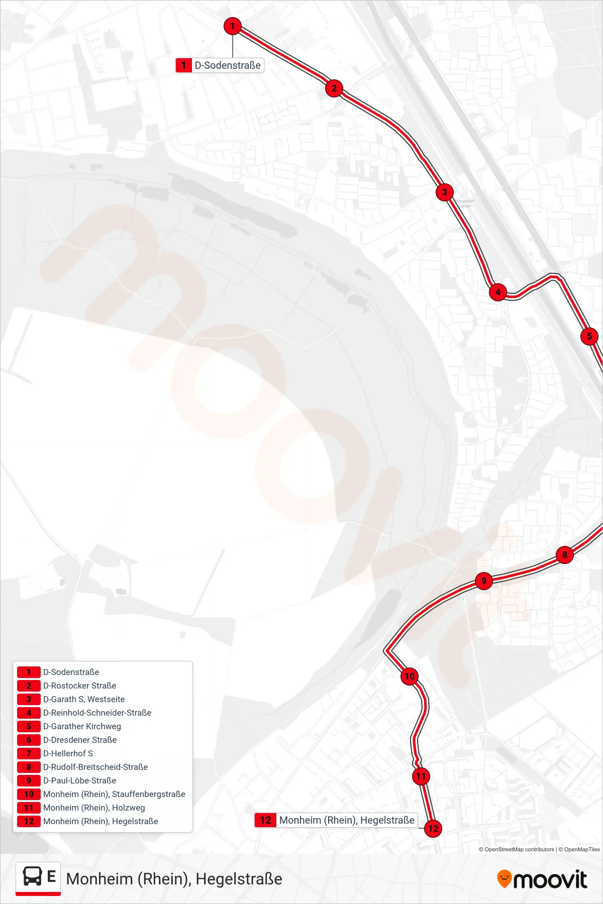 Linie E (Bus) Richtung Monheim (Rhein), Hegelstraße: Route und Haltestellen auf der Karte
