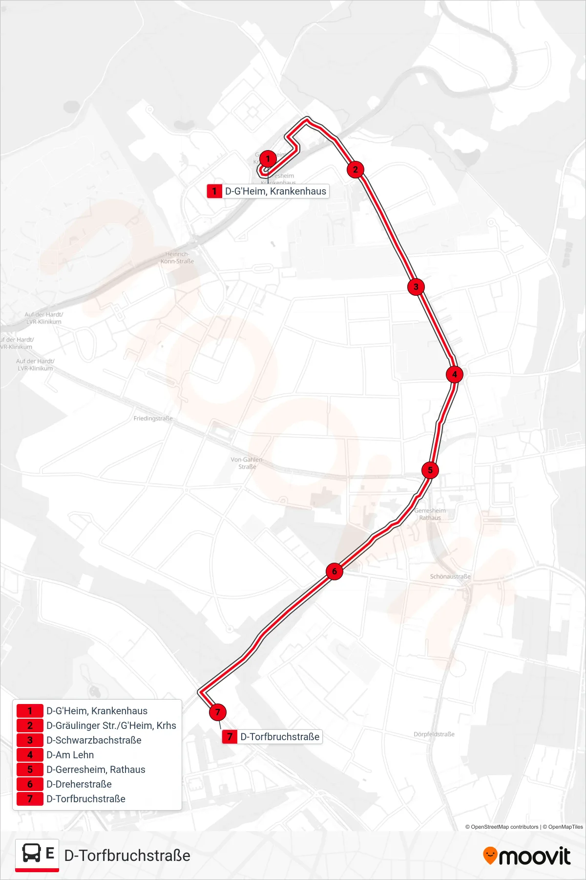 Linie E (Bus) Richtung D-Torfbruchstraße: Route und Haltestellen auf der Karte