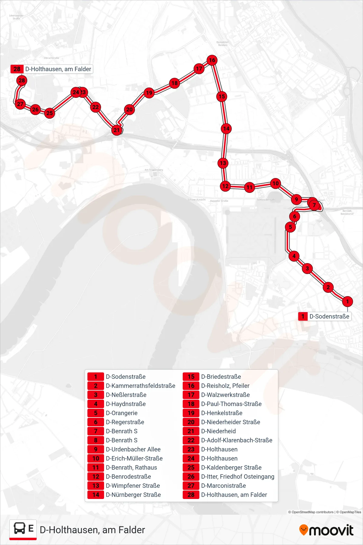 Linie E (Bus) Richtung D-Holthausen, am Falder: Route und Haltestellen auf der Karte