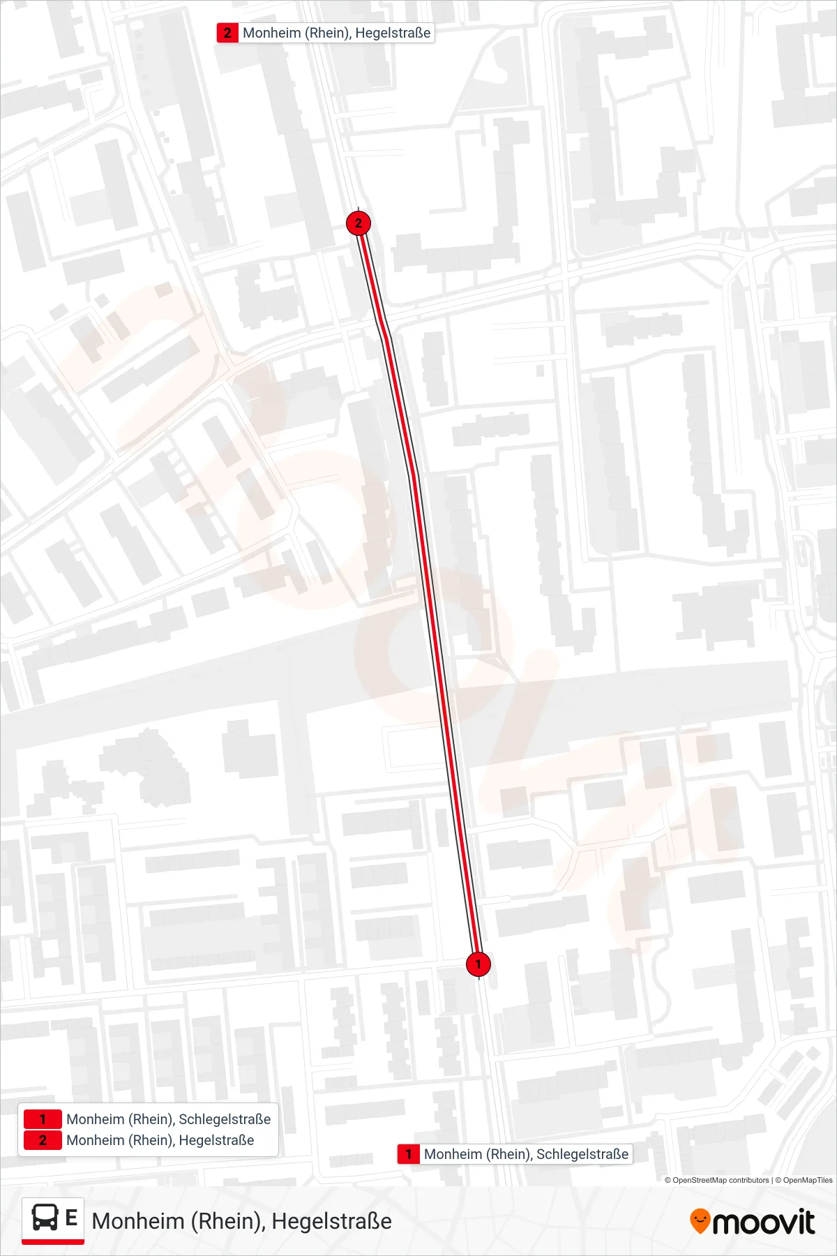 Linie E (Bus) Richtung Monheim (Rhein), Hegelstraße: Route und Haltestellen auf der Karte