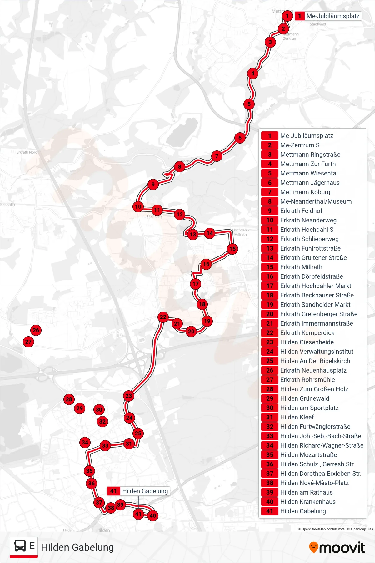 Linie E (Bus) Richtung Hilden Gabelung: Route und Haltestellen auf der Karte
