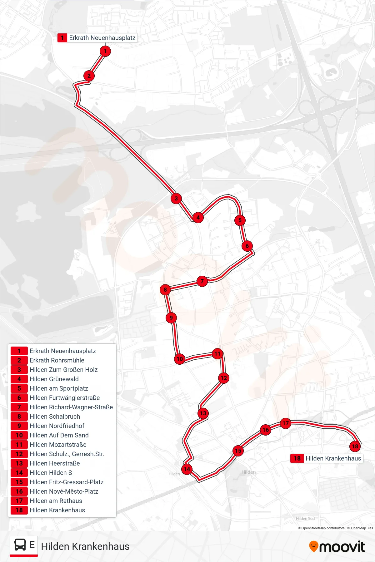 Linie E (Bus) Richtung Hilden Krankenhaus: Route und Haltestellen auf der Karte