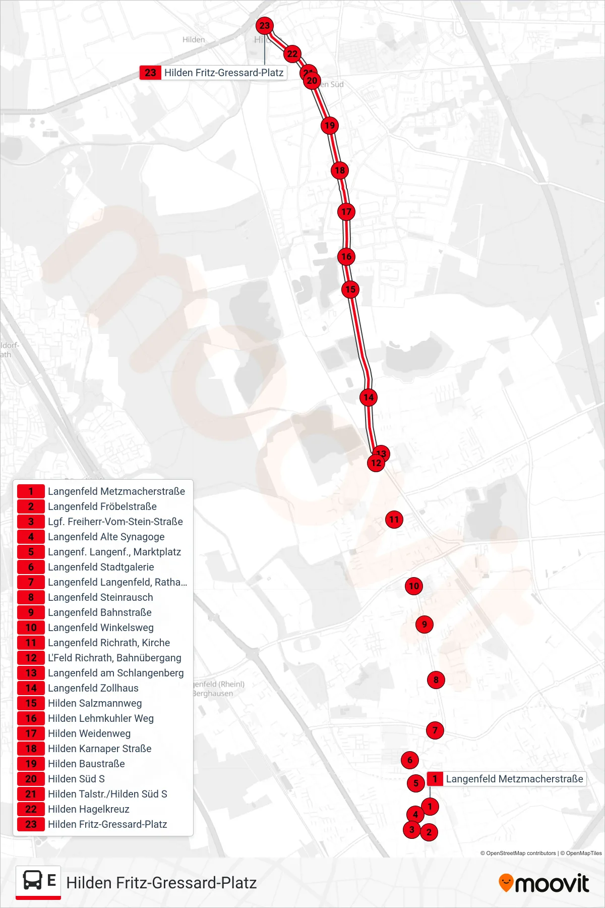 Linie E (Bus) Richtung Hilden Fritz-Gressard-Platz: Route und Haltestellen auf der Karte