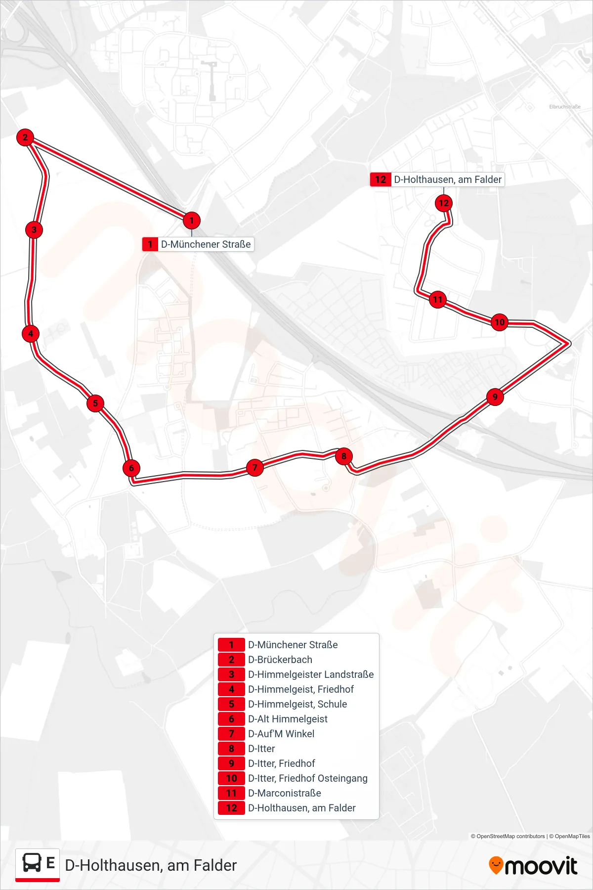 Linie E (Bus) Richtung D-Holthausen, am Falder: Route und Haltestellen auf der Karte
