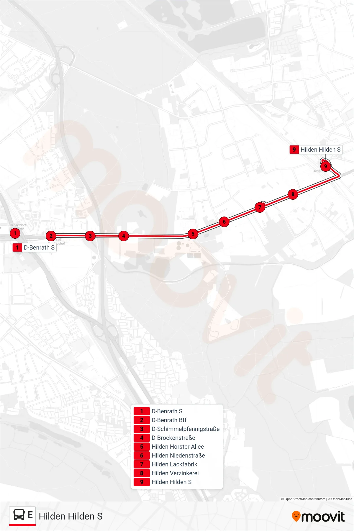 Linie E (Bus) Richtung Hilden Hilden S: Route und Haltestellen auf der Karte