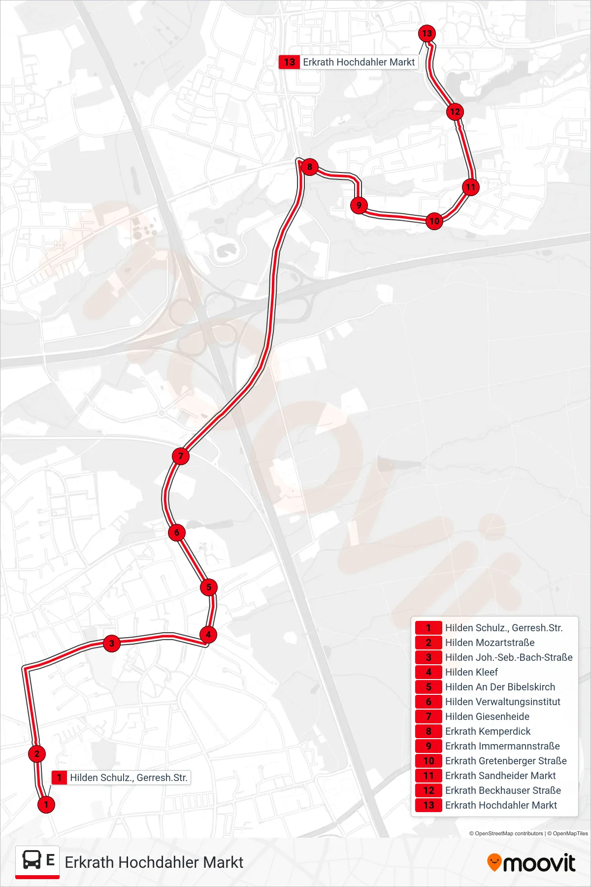 Linie E (Bus) Richtung Erkrath Hochdahler Markt: Route und Haltestellen auf der Karte