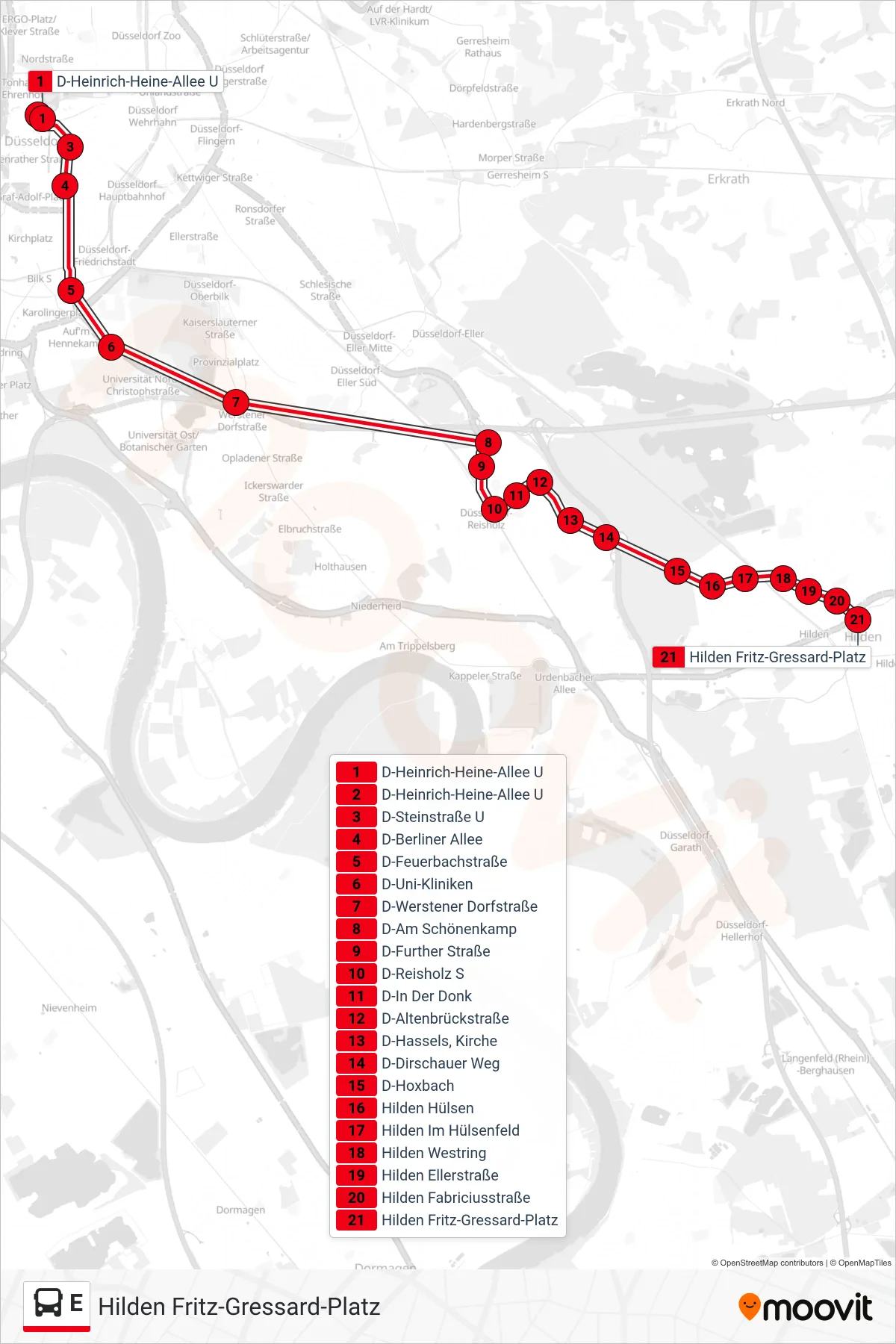 Linie E (Bus) Richtung Hilden Fritz-Gressard-Platz: Route und Haltestellen auf der Karte