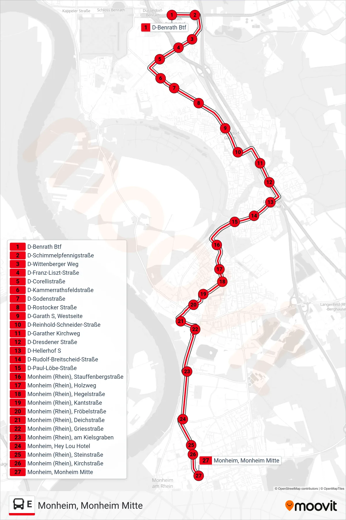 Linie E (Bus) Richtung Monheim, Monheim Mitte: Route und Haltestellen auf der Karte