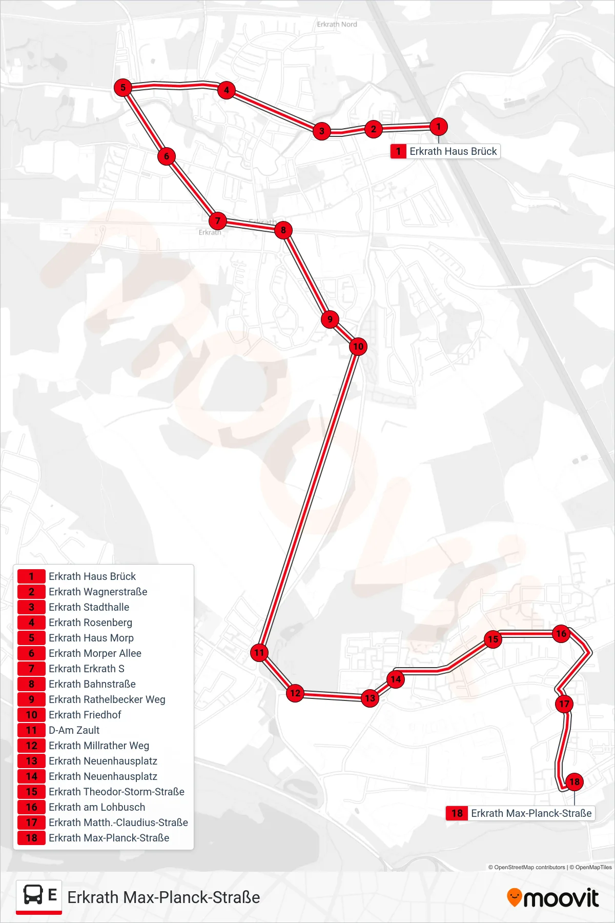 Linie E (Bus) Richtung Erkrath Max-Planck-Straße: Route und Haltestellen auf der Karte