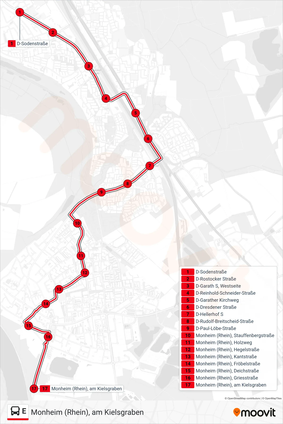 Linie E (Bus) Richtung Monheim (Rhein), am Kielsgraben: Route und Haltestellen auf der Karte