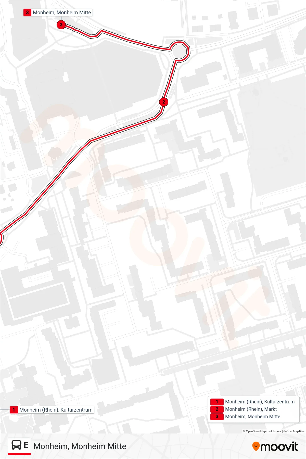 Linie E (Bus) Richtung Monheim, Monheim Mitte: Route und Haltestellen auf der Karte