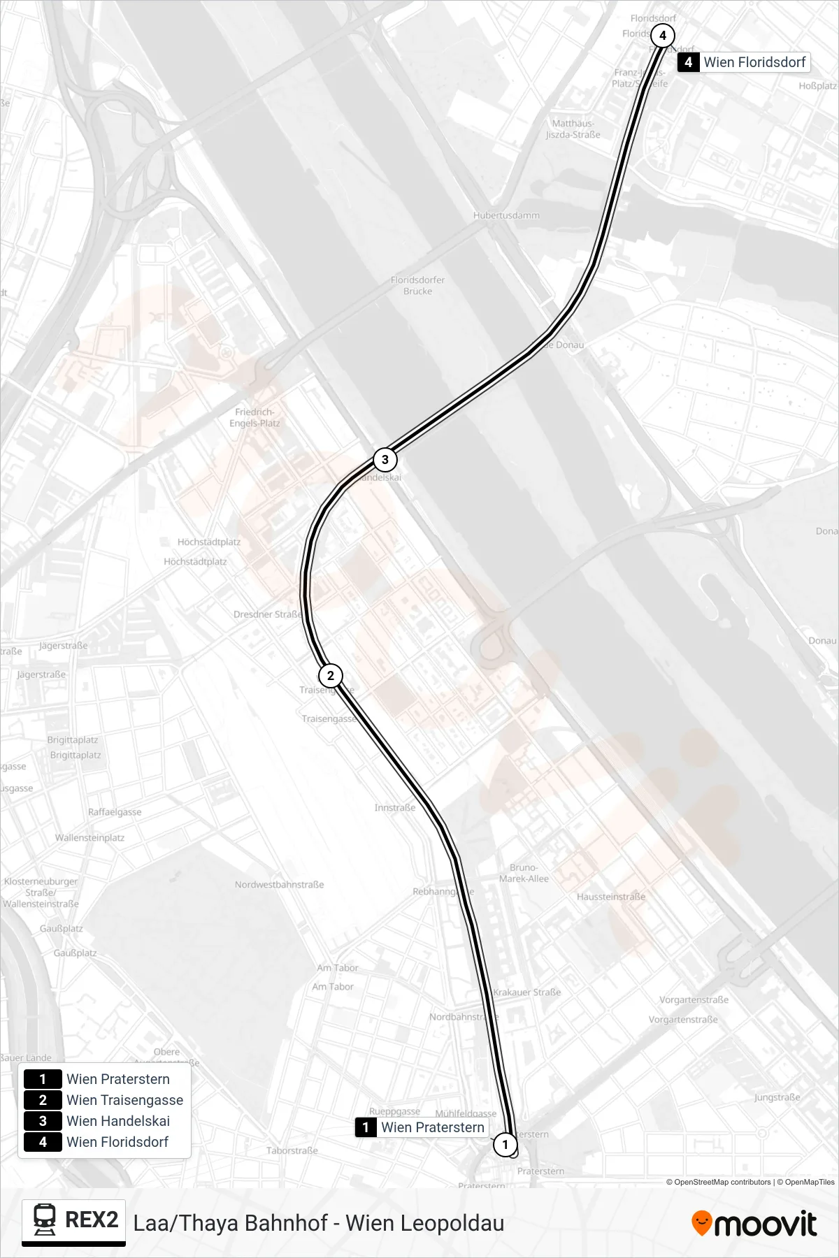 REX2 tram Line (Wien Floridsdorf) route and stops on a map