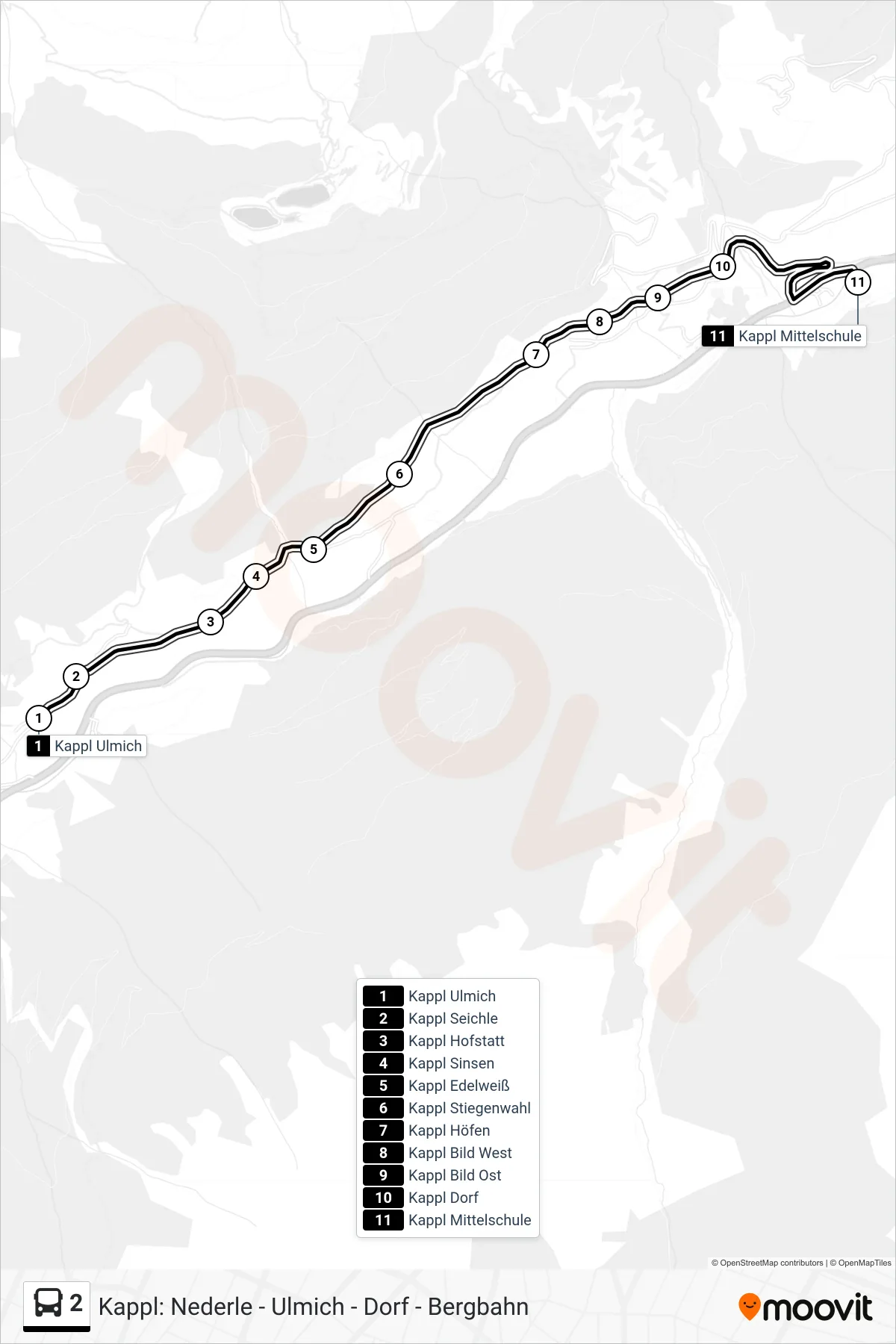 2 bus Line (Kappl Mittelschule) route and stops on a map