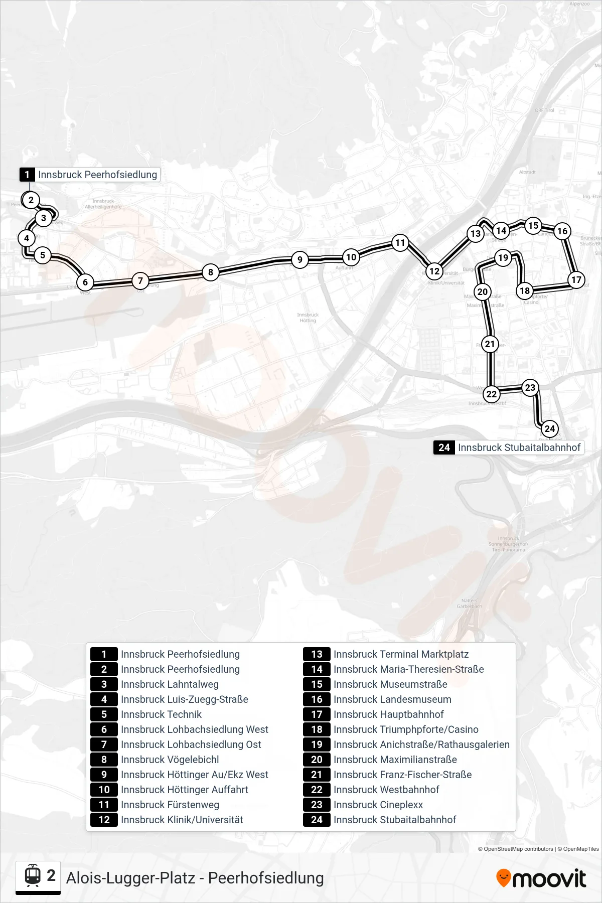 Linie 2 (Straßenbahn) Richtung Innsbruck Stubaitalbahnhof: Route und Haltestellen auf der Karte