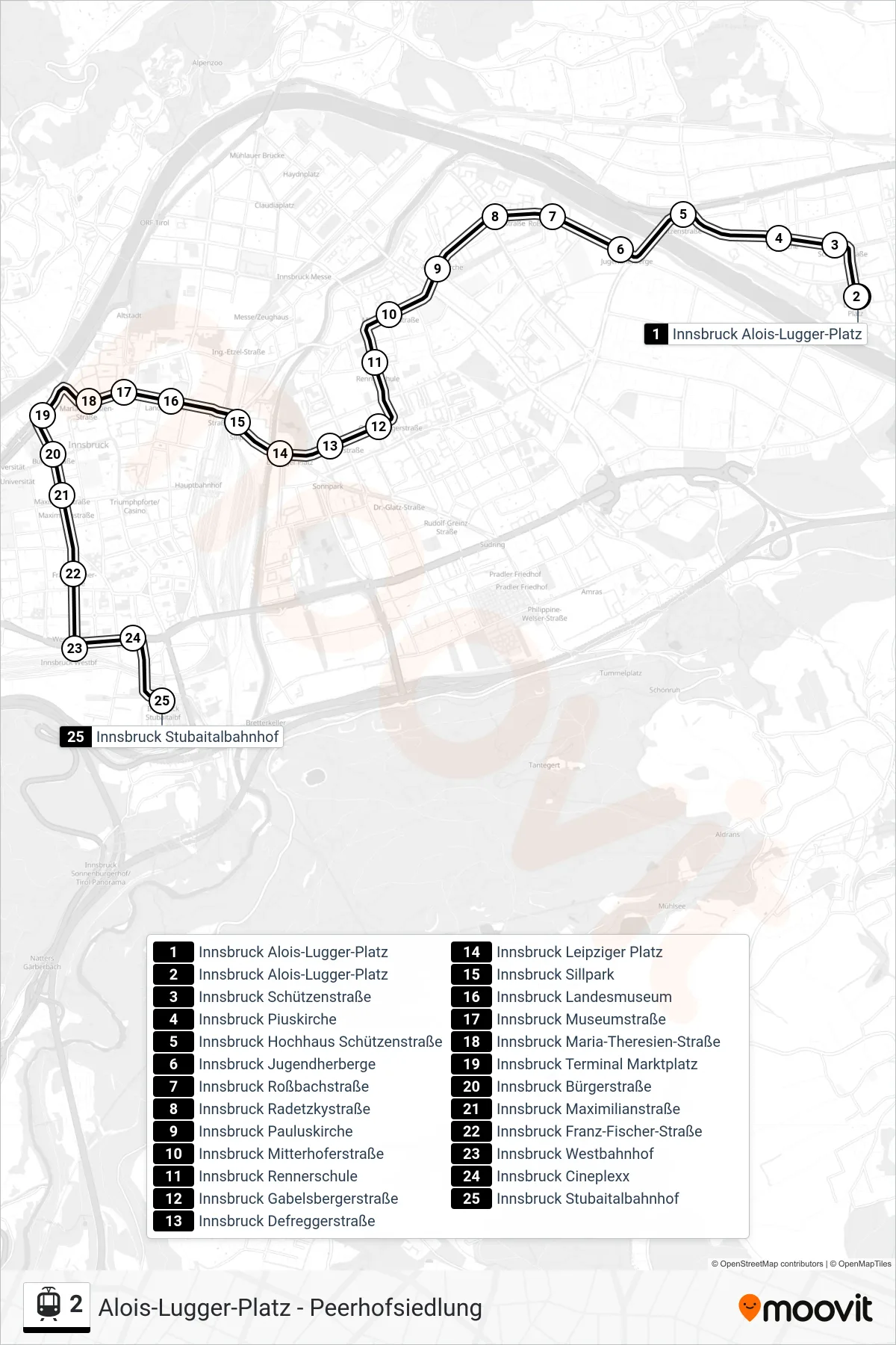 2 light rail Line (Innsbruck Stubaitalbahnhof) route and stops on a map