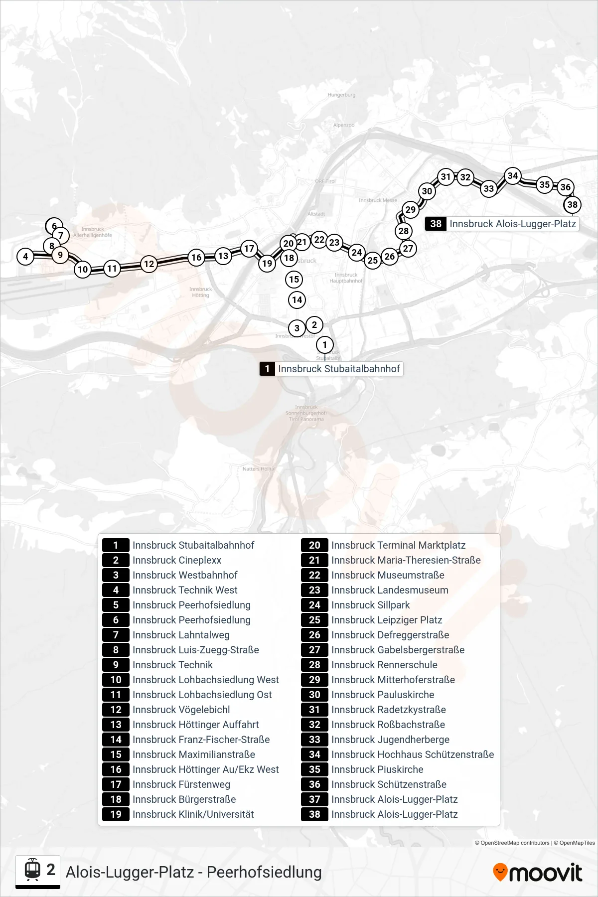 2 light rail Line (Innsbruck Alois-Lugger-Platz) route and stops on a map