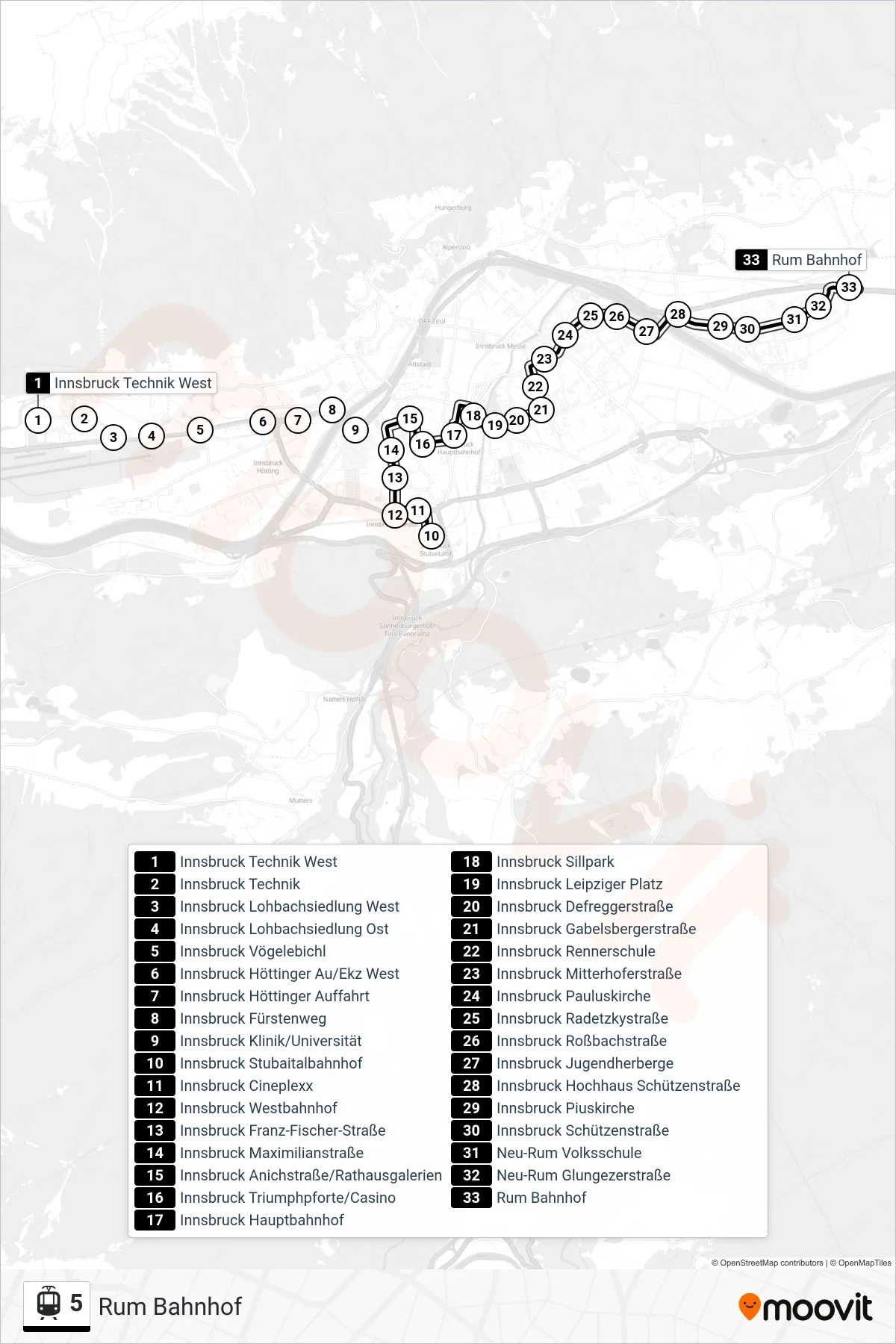 5 tram Line (Rum Bahnhof) route and stops on a map