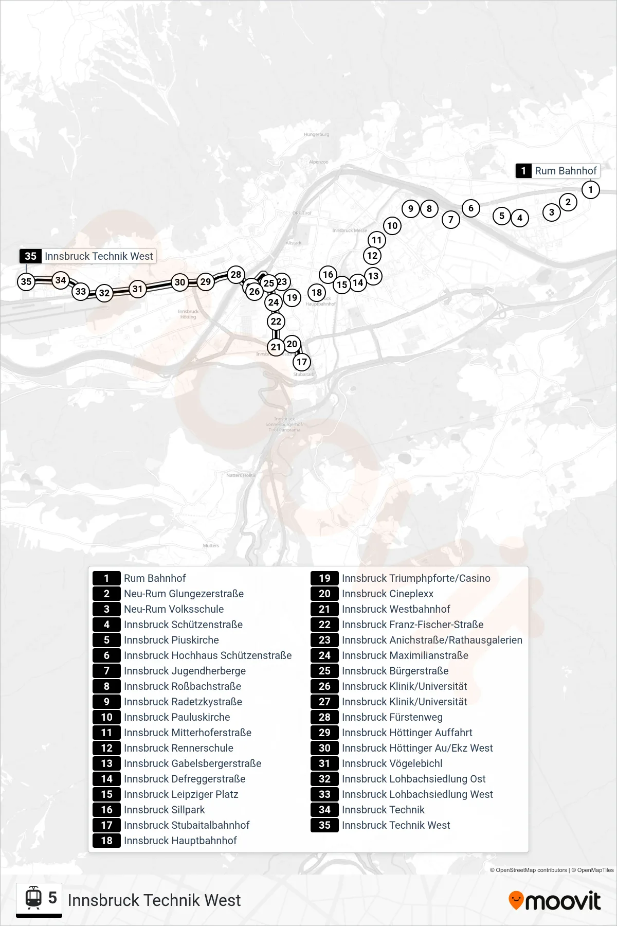 5 tram Line (Innsbruck Technik West) route and stops on a map