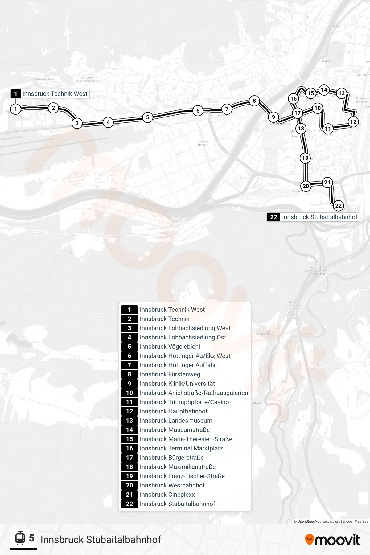 Linie 5 (Straßenbahn) Richtung Innsbruck Stubaitalbahnhof: Route und Haltestellen auf der Karte