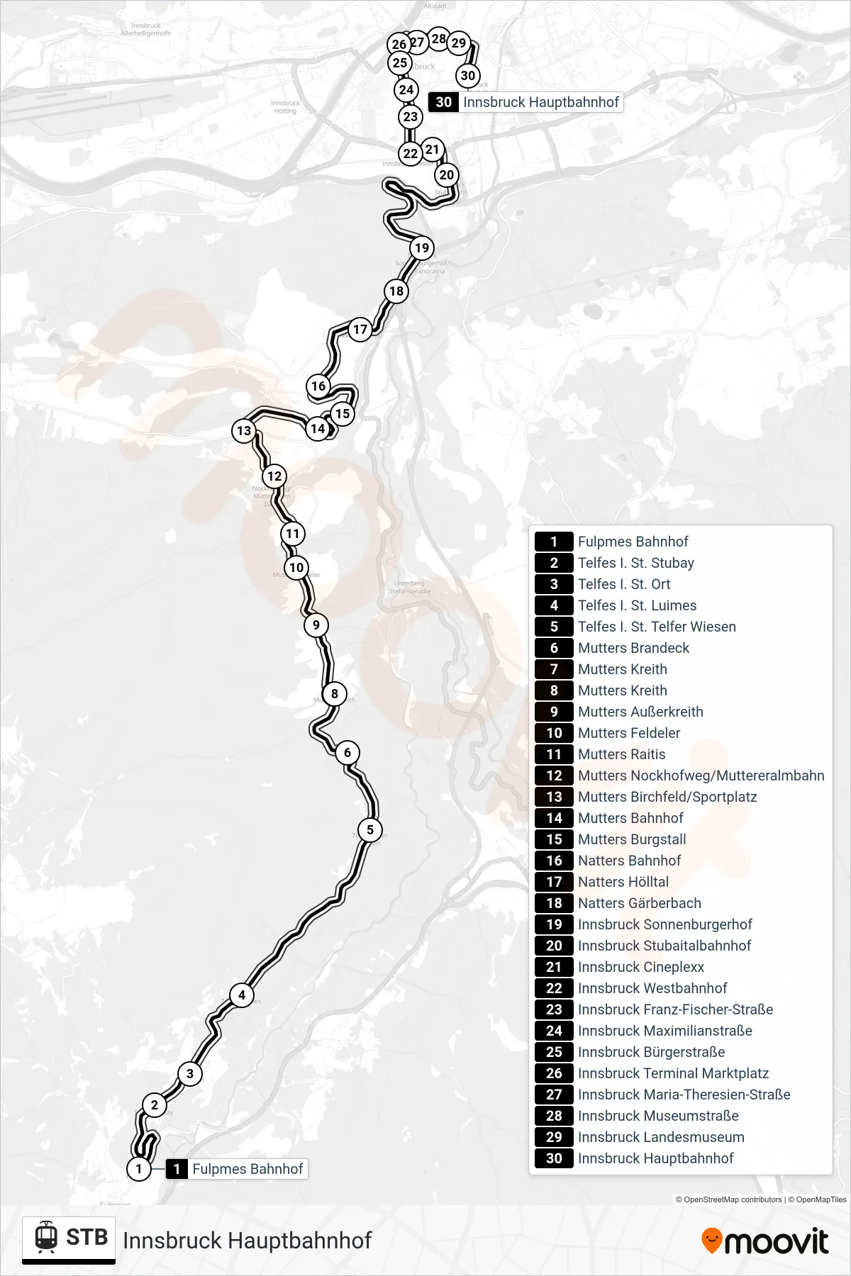STB light rail Line (Innsbruck Hauptbahnhof) route and stops on a map